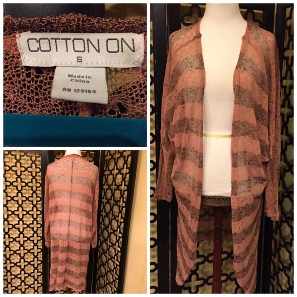 COTTON‎ ON BLUSH AND BROWN STRIPE  LONG CARDIGAN KNIT SWEATER
